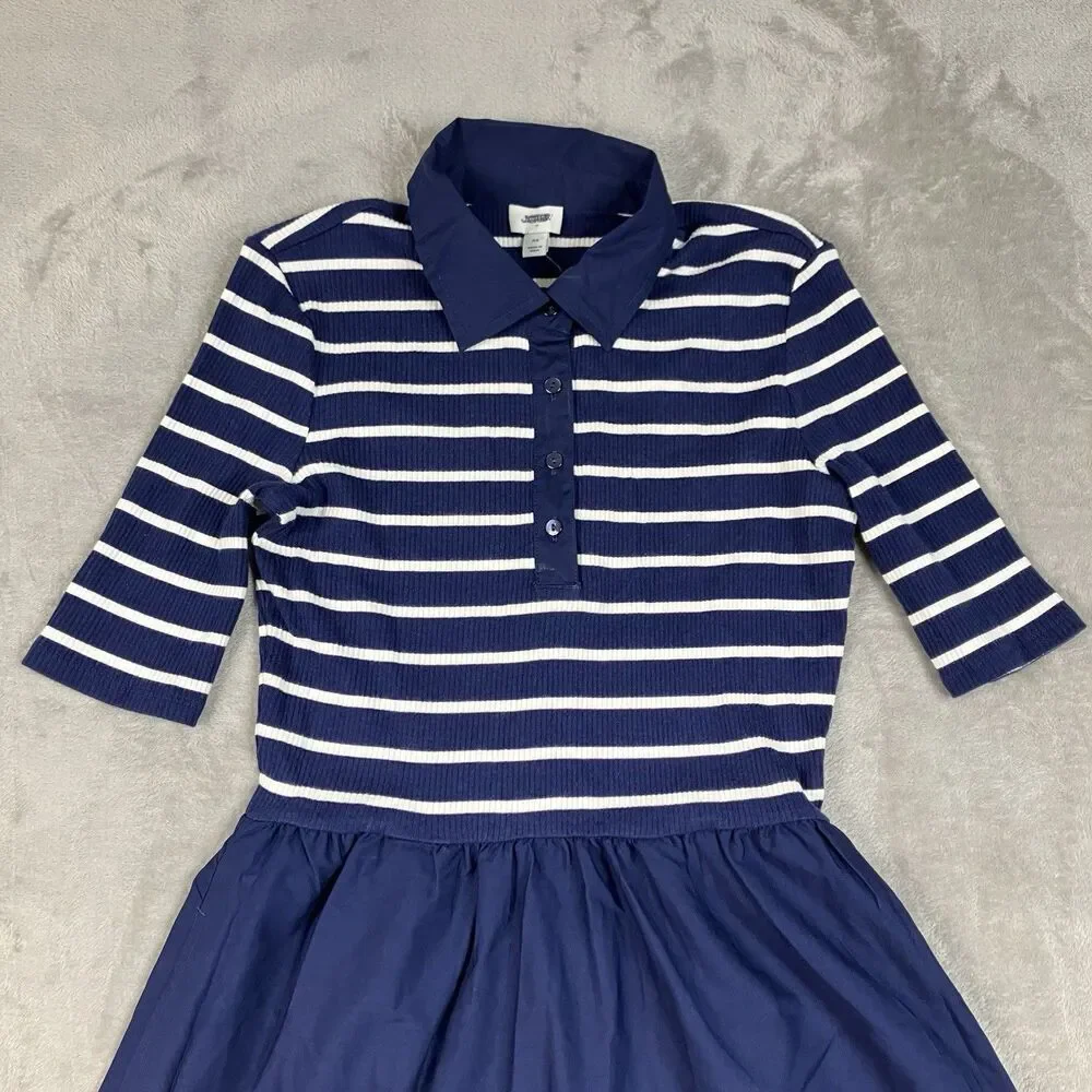 J Crew Polo Midi Dress Womens XS Blue Striped Collared Fit Flare Coastal CR821